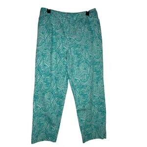 Appleseed's Teal White Paisley Straight Leg Pants Womens 14 Cotton Stretch